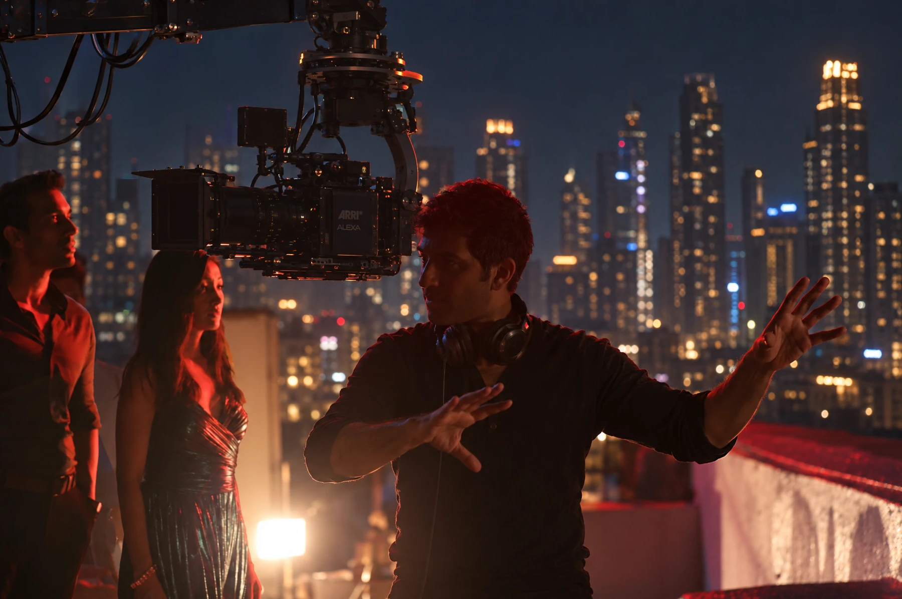 Rajeev Dassani directing on a nighttime film set